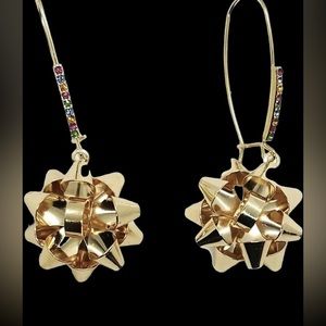 Brand New unused Betsey Johnson Gold Bows Christmas Rhinestone Dangle Earrings